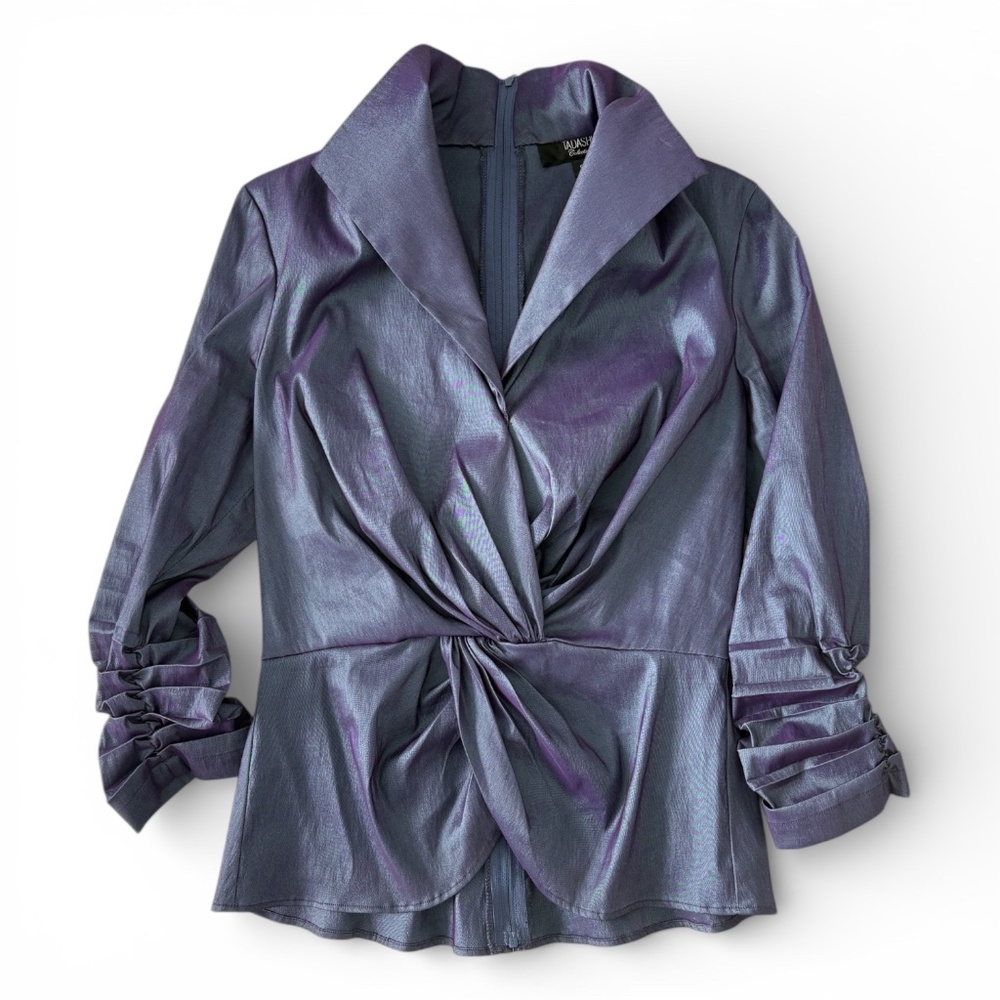Tadashi Collection Iridescent Wrap Blouse | Y2K Designer Evening Top